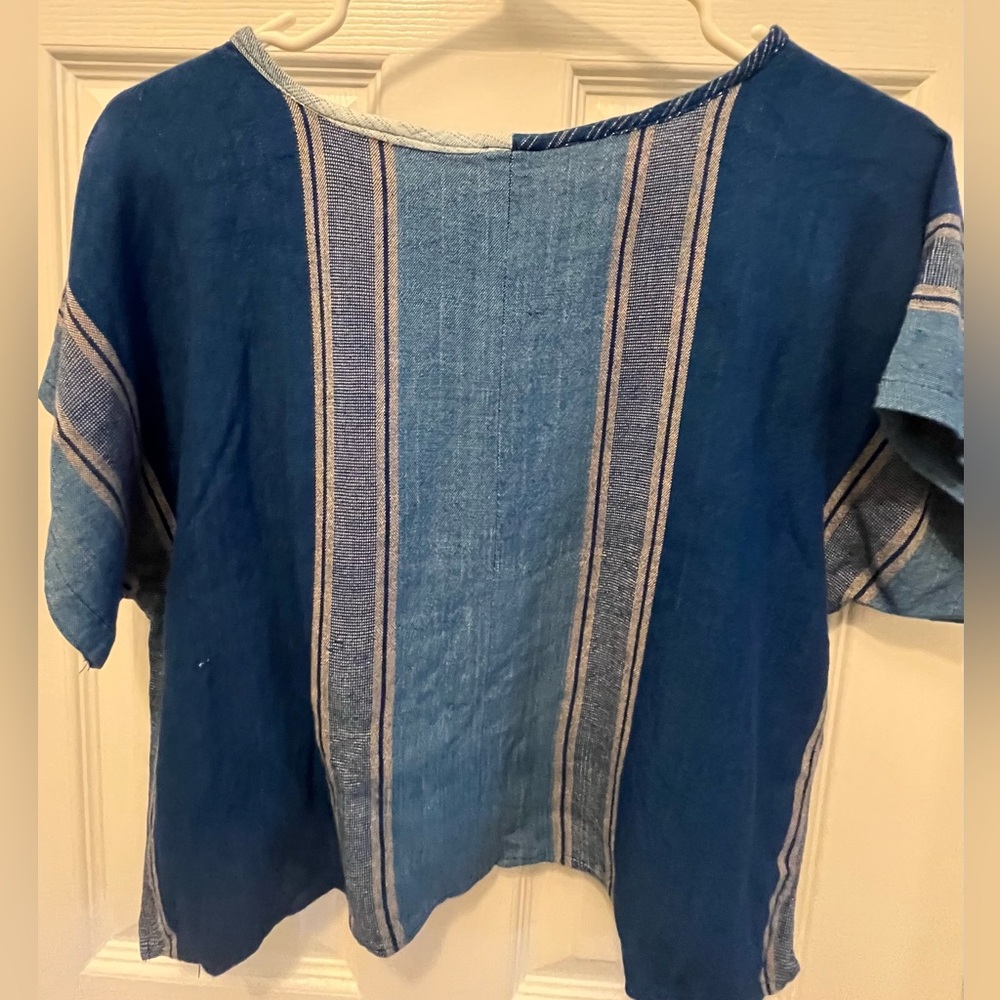 Hand tailored in Thailand Blue Striped Women's Cropped Top Linen Cotton Blend - Picture 2 of 5